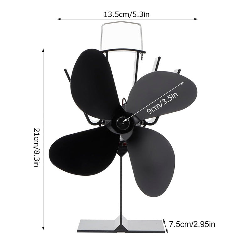 4-Blade Quiet Wood Stove Fan Portable Fireplace Log Burner Heat Powered