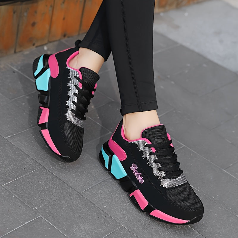 Women's Colorblock Mesh Sports Shoes Low Top Running Sneakers Breathable Casual Lace-Up
