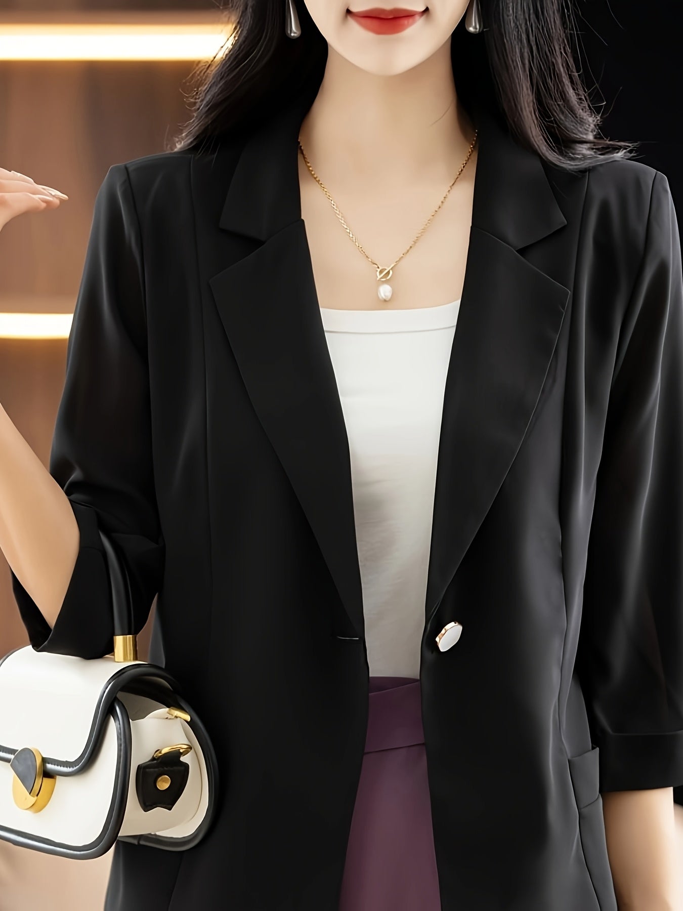 Women's Chiffon Blazer Lightweight Sheer 3/4 Sleeve Single Button Solid