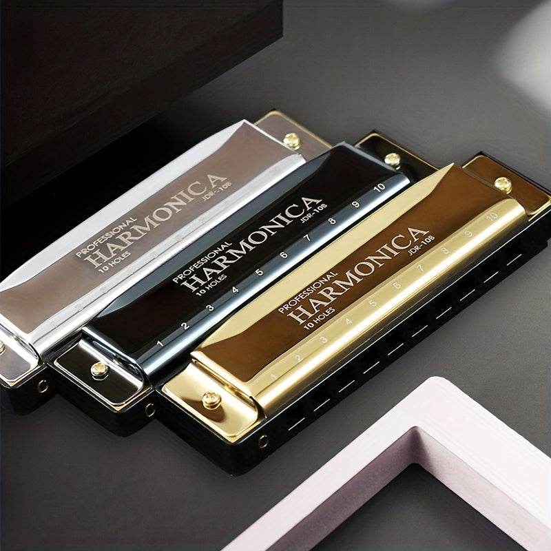 10-Hole C Key Blues Harmonica with Hard Case Stainless Steel Polished for Beginners Professionals