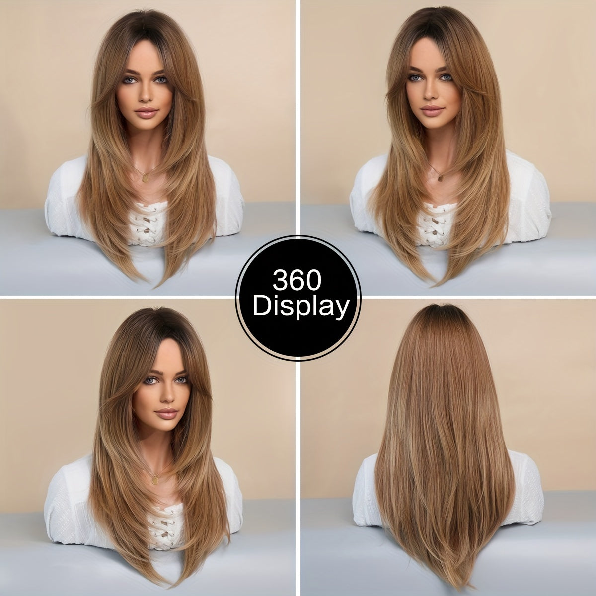 Ayollar uchun uzun to'lqinli asal sarg'ish parik, issiqqa chidamli va qirqimlar bilan, tabiiy sintetik jigarrang tolalardan qatlamli uslubda tayyorlangan.