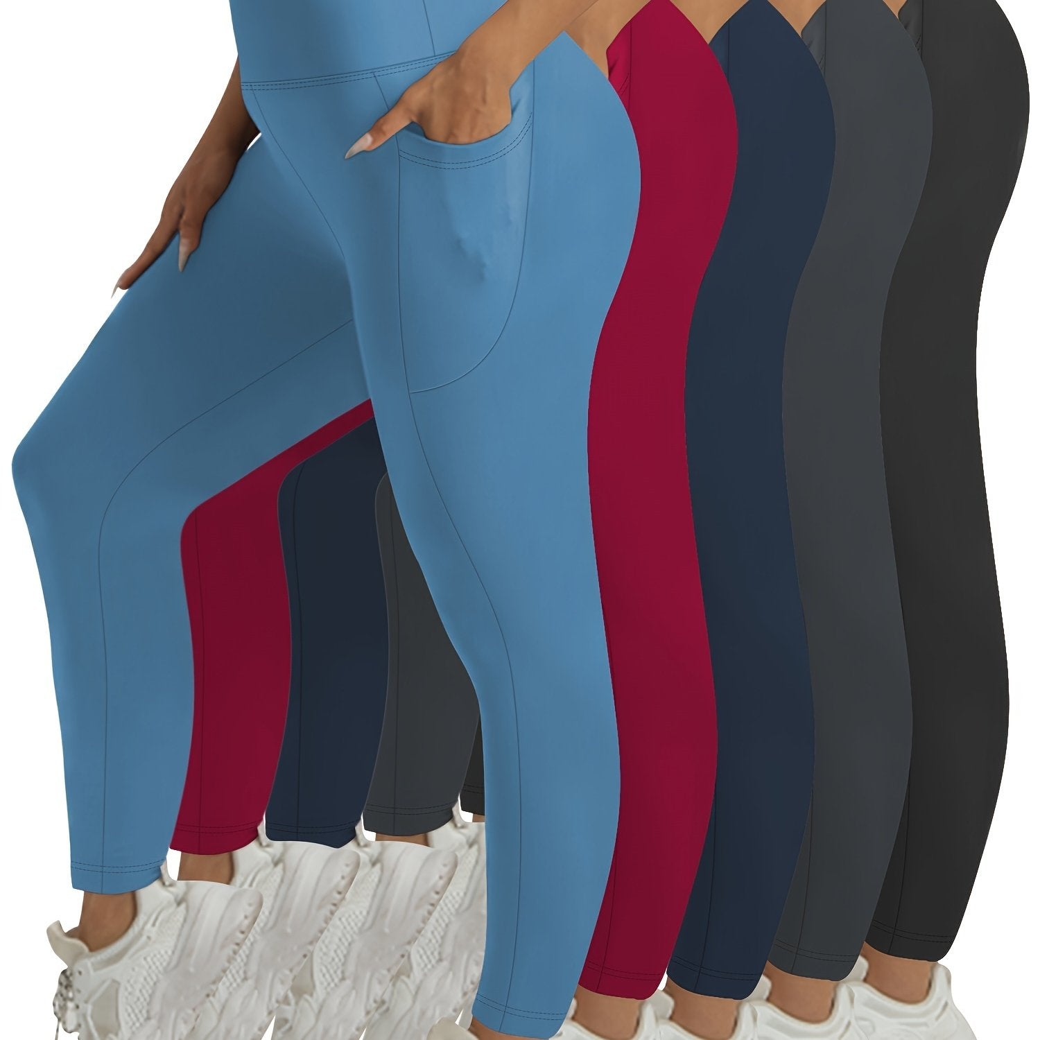 Plus Size Women’s Tummy Control Leggings 5-Pack High-Waisted Pockets
