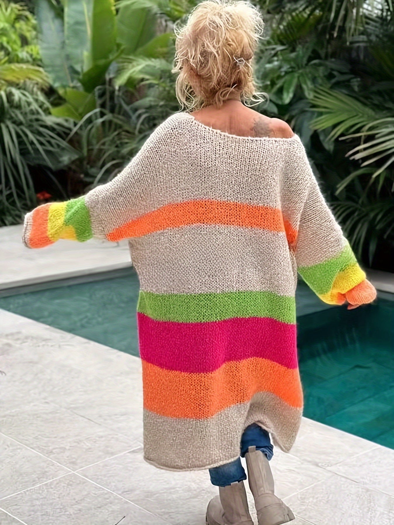 Vestido de punto con escote en V para mujer talla grande con rayas coloridas, casual, oversize, para otoño e invierno