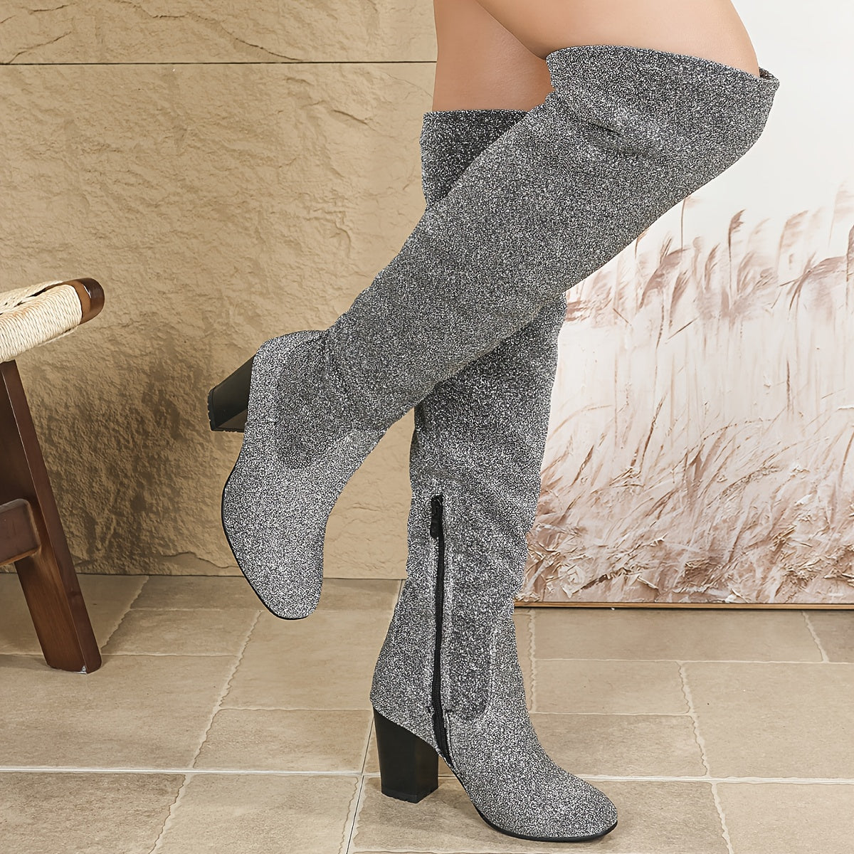 Women's Knitted Knee High Boots Slip-Resistant Rubber Sole Winter Footwear