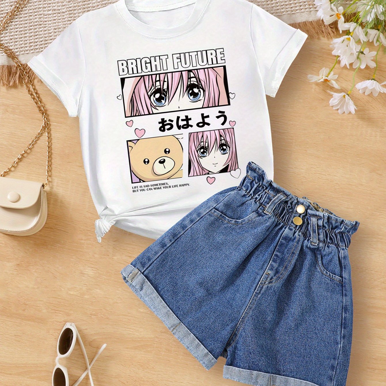 Girls Anime Girl Graphic Print T-Shirt Casual Summer Knit Top