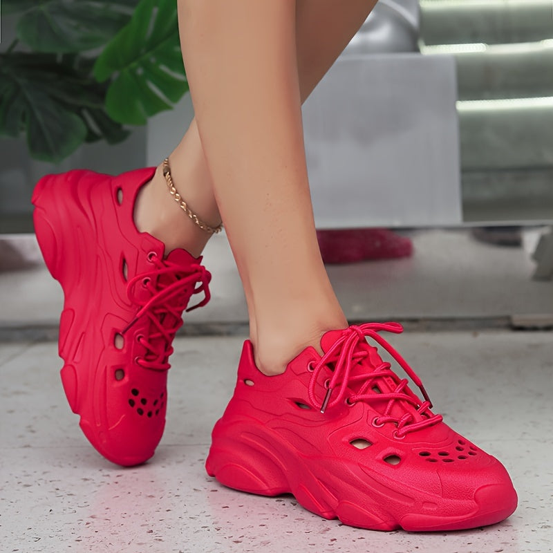 Women's Solid Color Platform Clogs Casual Hollow Out Lace Up Shoes
