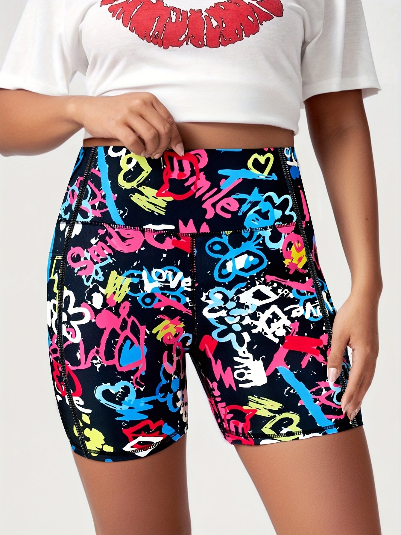 Plus Size Women's High-Waisted Breathable Yoga Shorts with Pockets