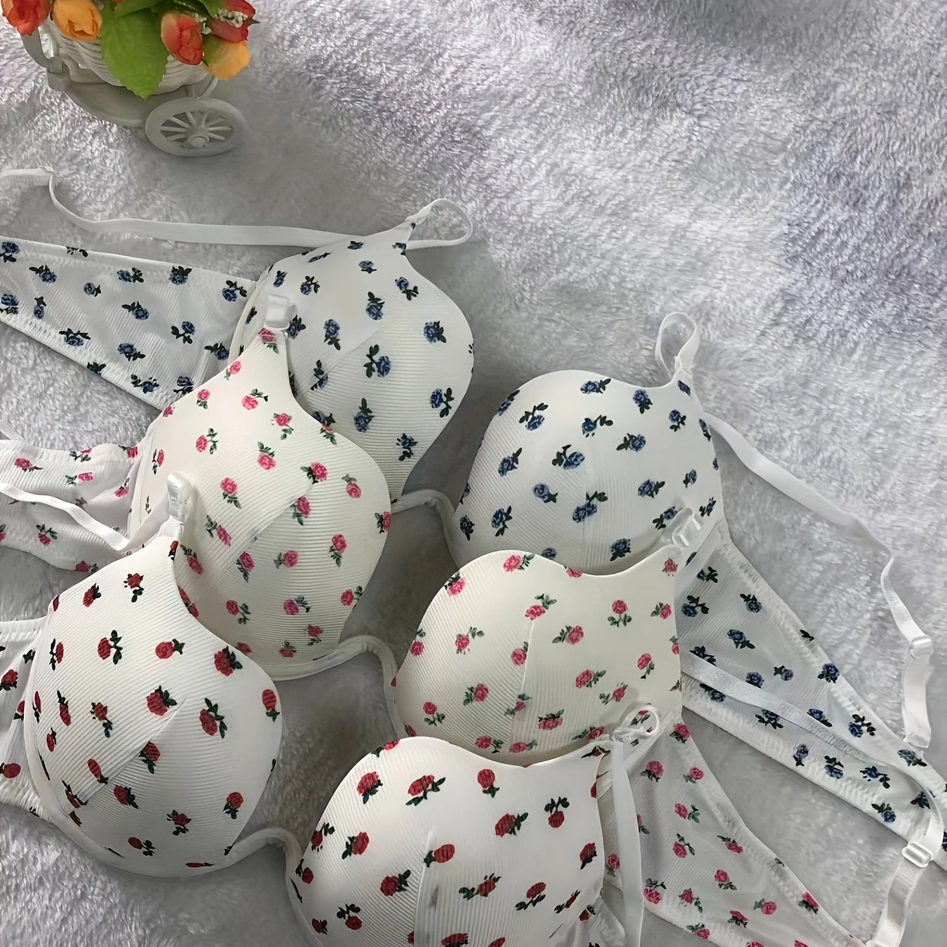 Three Pack Floral Lingerie Bras for Adults Polyester Elastane Knit Fabric U-Shape Scoop Non-Removable Padding Underwire