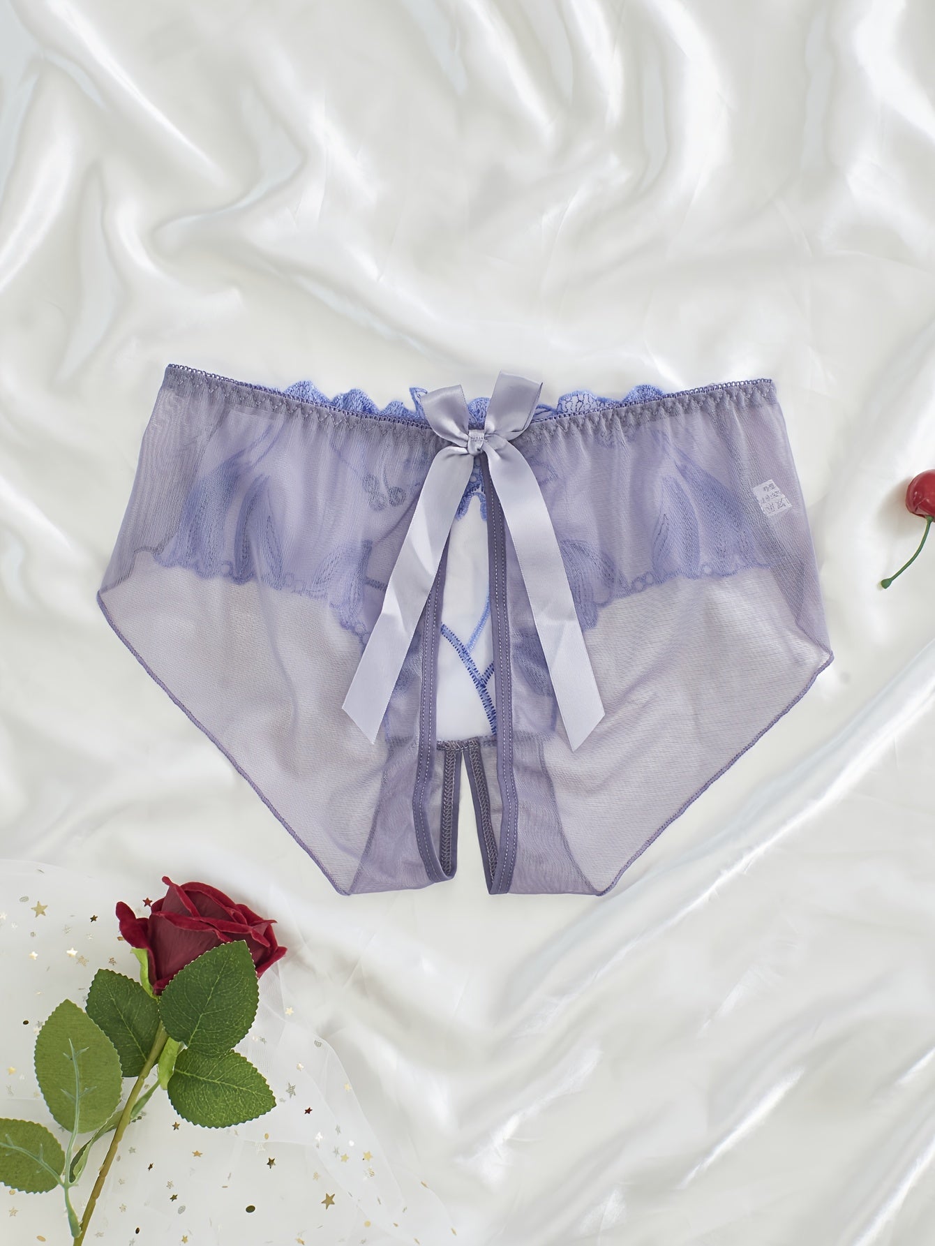 Women's Light Purple Lace Mesh Panties with Floral Embroidery and Open Crotch