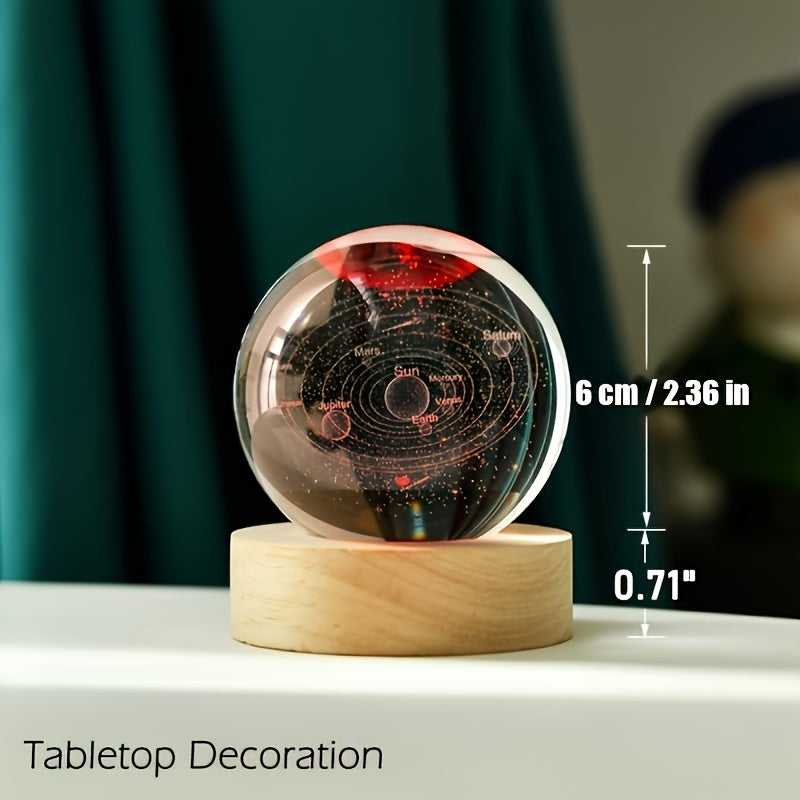 Lámpara de bola de cristal del sistema solar en 3D con base de LED multicolor, alimentada por USB, decoración espacial para entusiastas, 6cm