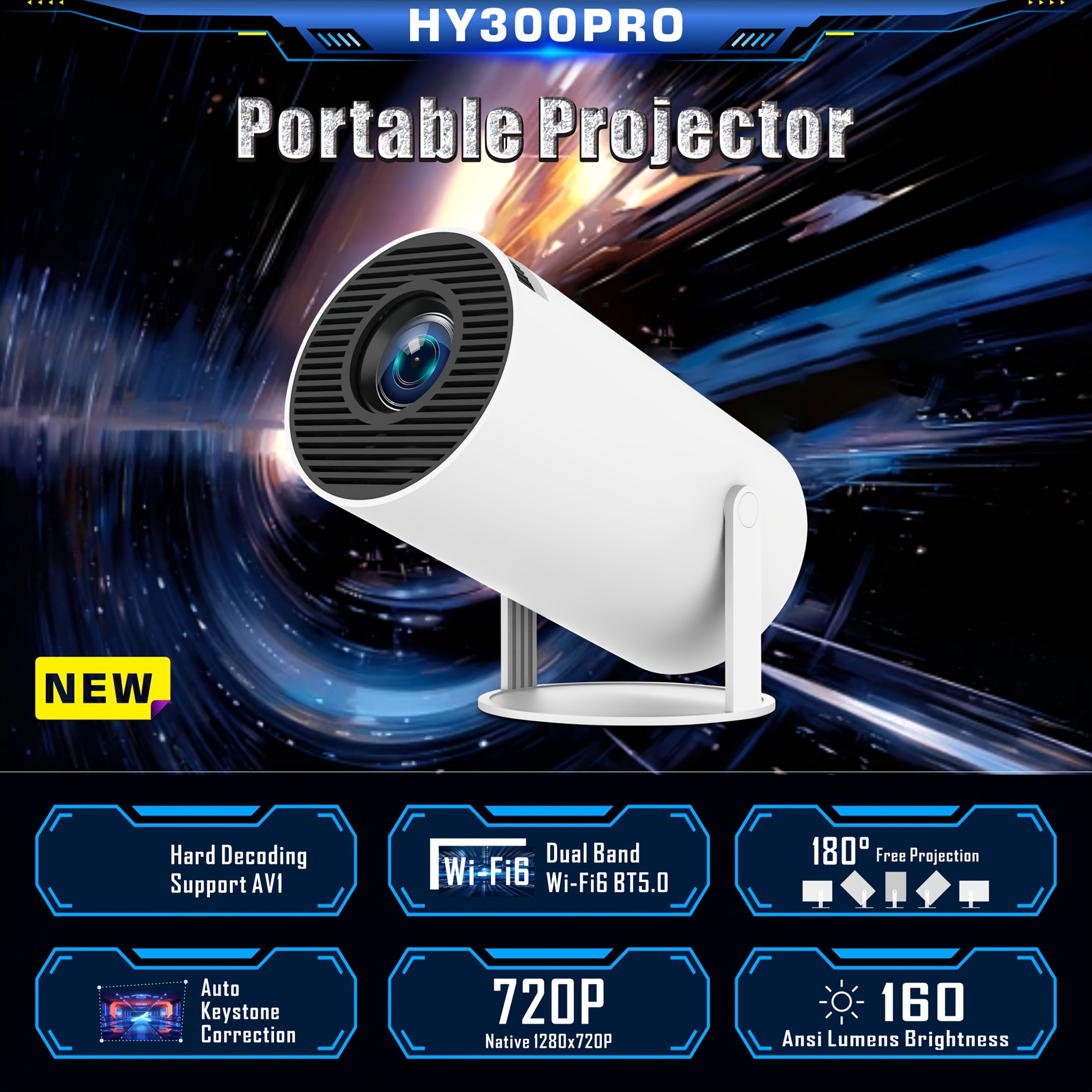 Mini Portable Projector with Auto Horizontal Correction Wi-Fi 6 BT5.2 720p Android 11