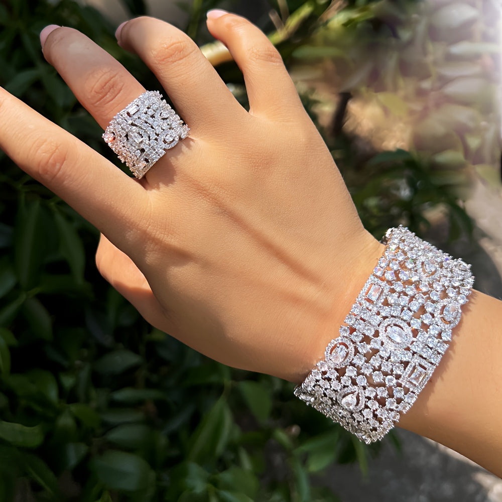 Women’s Zirconia Cuff Bracelet and Ring Set for Weddings and Formal Events