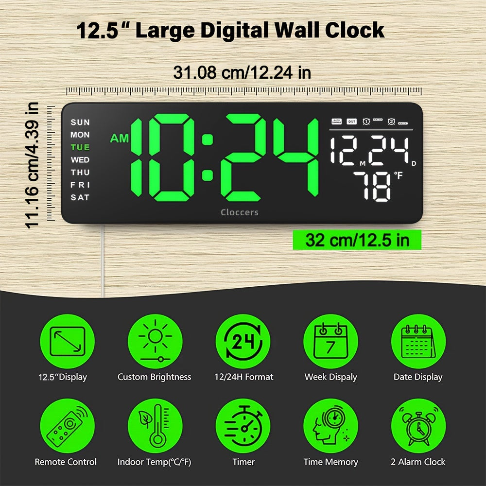 Large screen digital wall clock with indoor temperature date week display desk countdown timer 10-level brightness auto light LED dual alarm remote