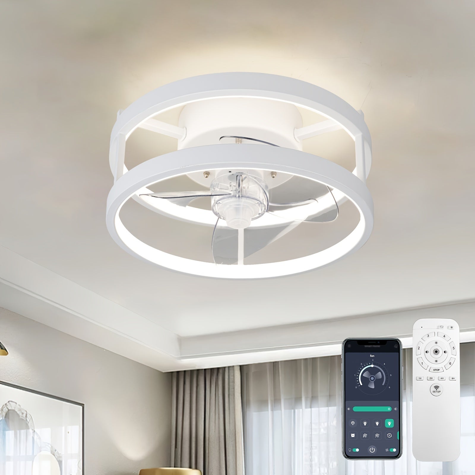 Black Dimmable Low Profile Ceiling Fan with Lights Remote Control for Bedroom Living Room Kitchen