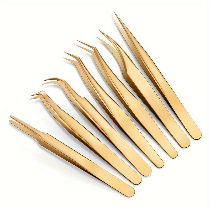 7-Piece Stainless Steel Eyelash Tweezers Set for False Eyelash and Eyebrow Grooming