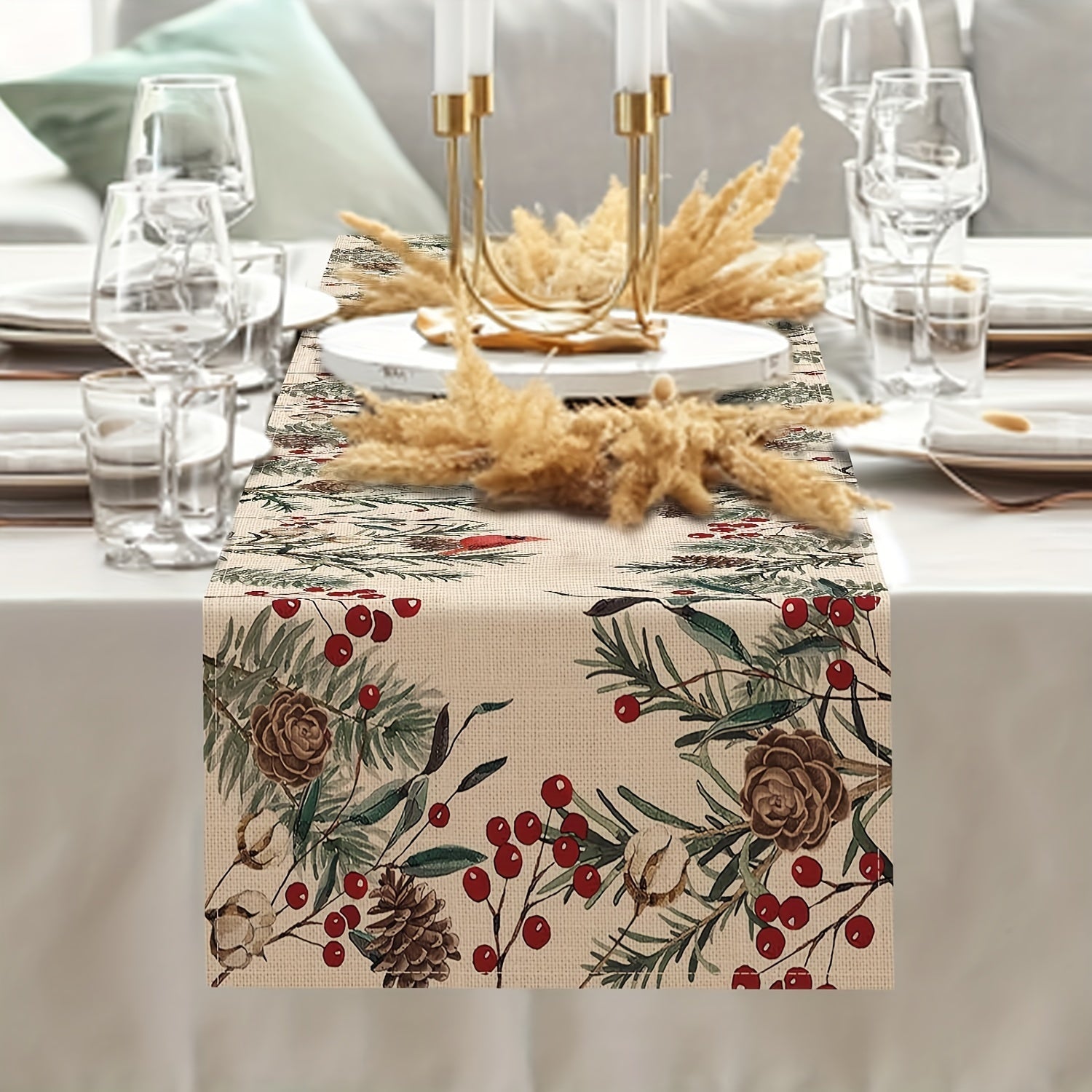 Winter Themed Table Runner with Pine Needle Branches Berries and Cardinal Red Birds