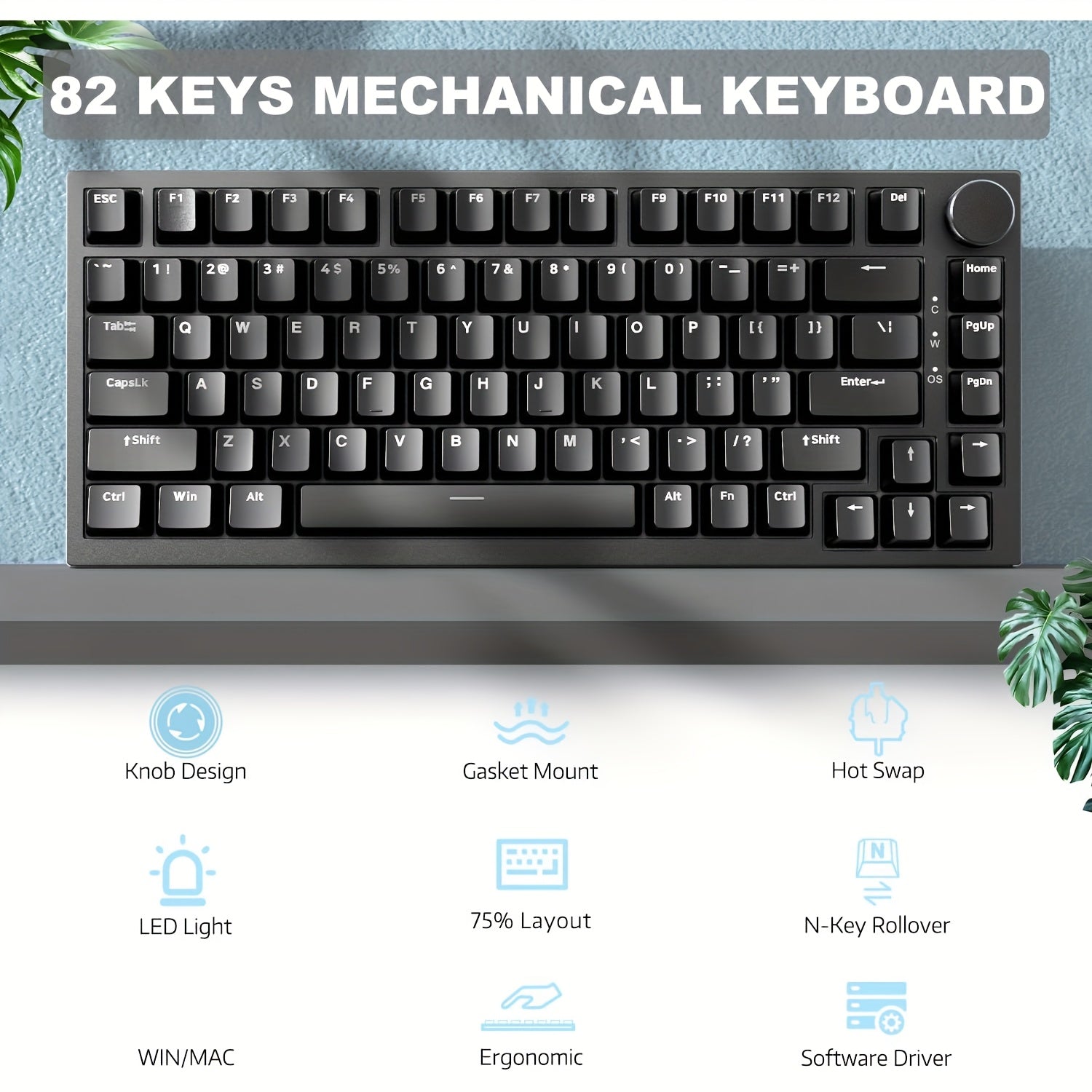 75% Wired Mechanical Gaming Keyboard with Volume Knob RGB Backlit PBT Keycaps Ergonomic USB-C