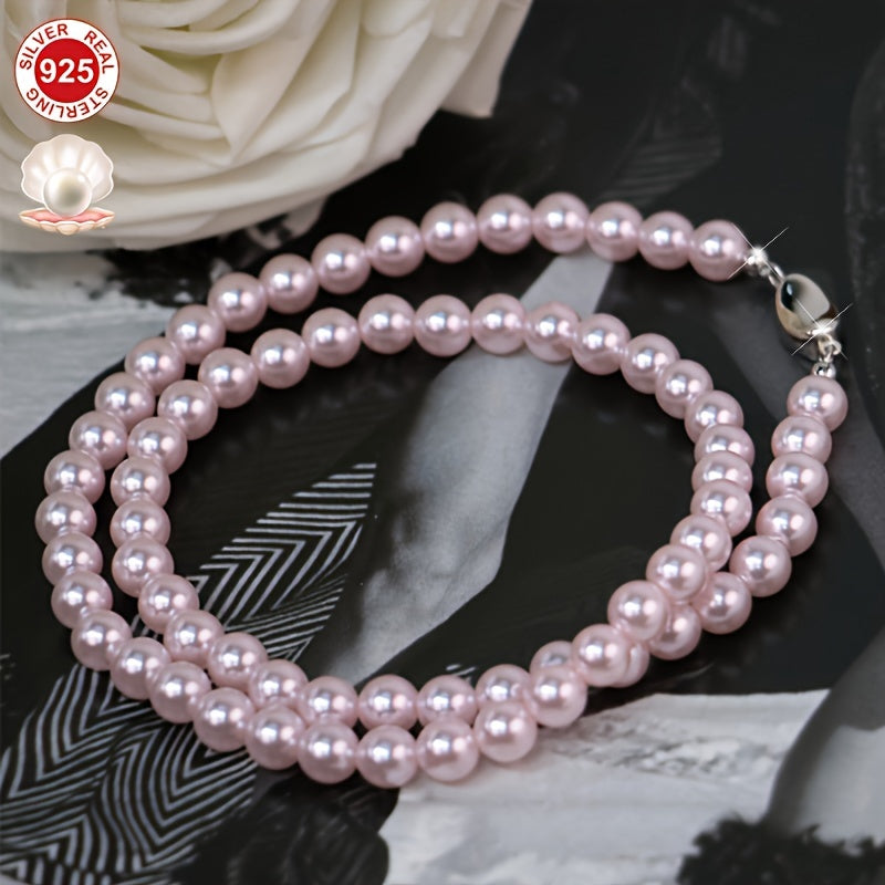 Pink Shell Pearl Necklace Hypoallergenic Sterling Silver Vintage Charm Gift for Her