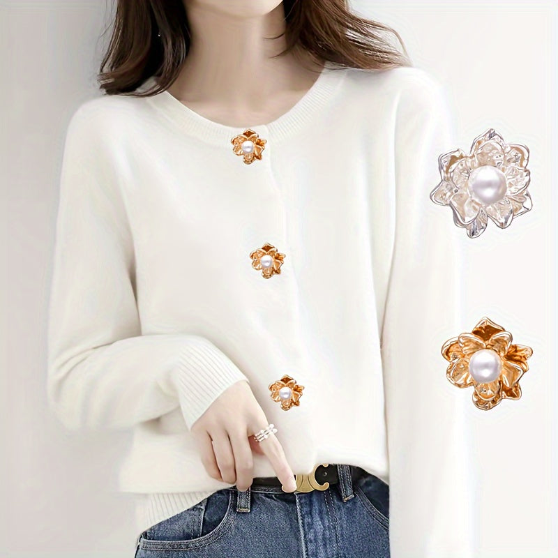 Set of 3 Pearl Flower Buttons Alloy for Clothing DIY Sewing Accessories