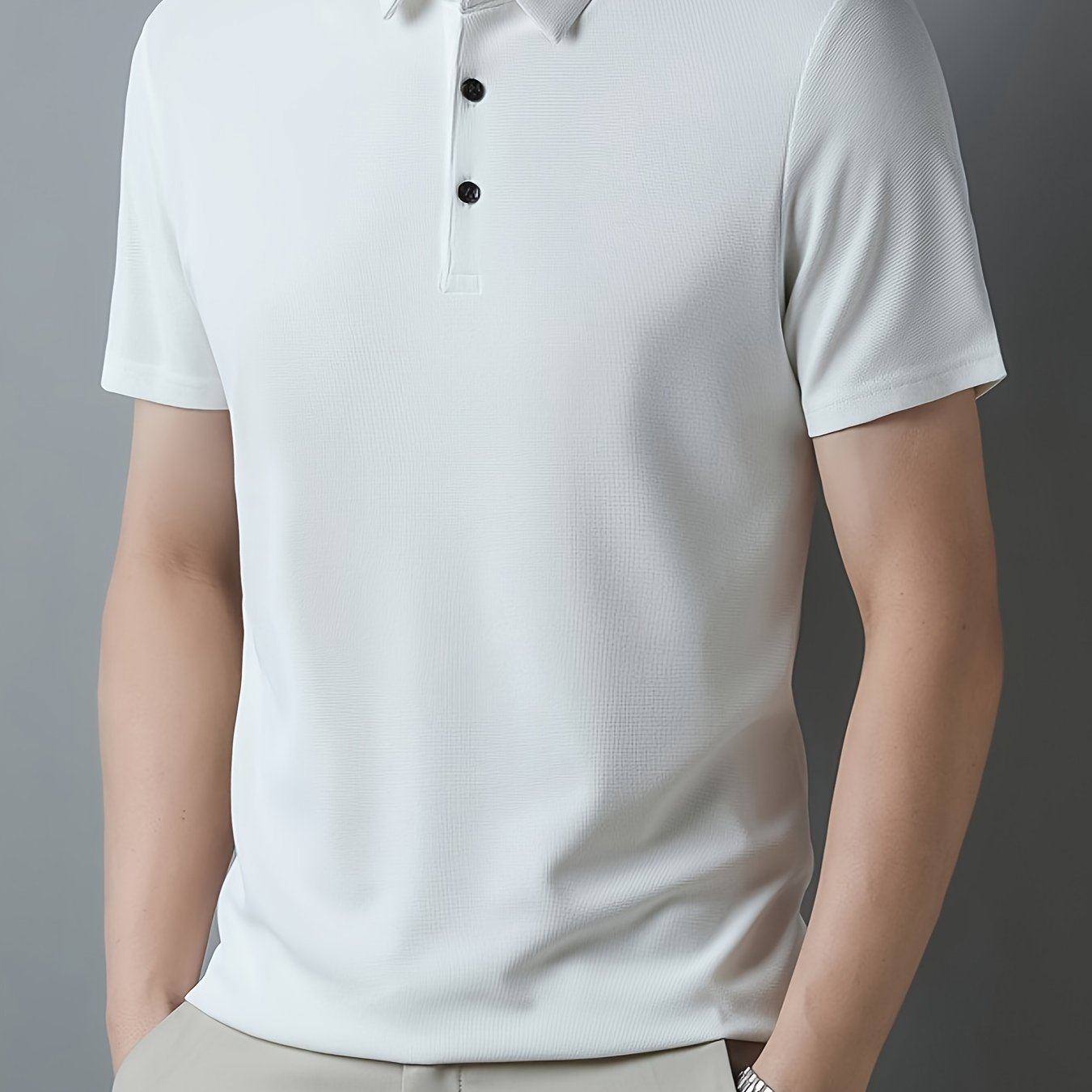 Erkaklar uchun nafas oladigan polyester ko'ylak - Tasodifiy bir rang, qisqa yengli va yoqa bilan