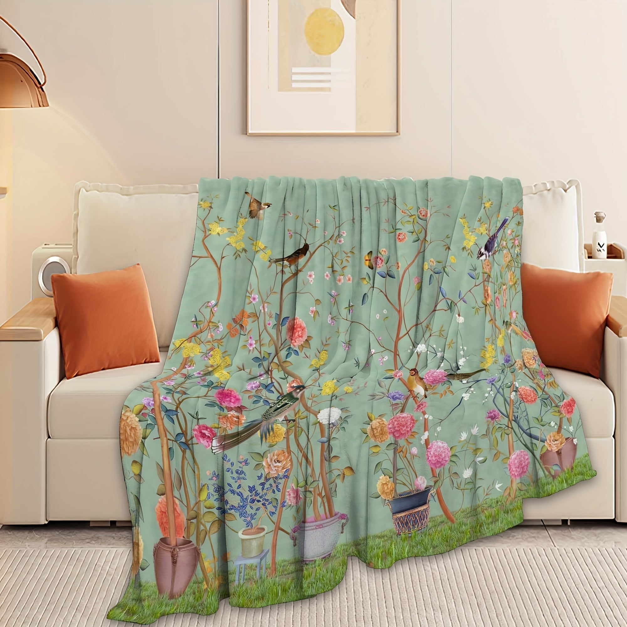 Flannel Blanket with Flower and Bird Pattern Cozy Soft Sofa Throw for All Seasons