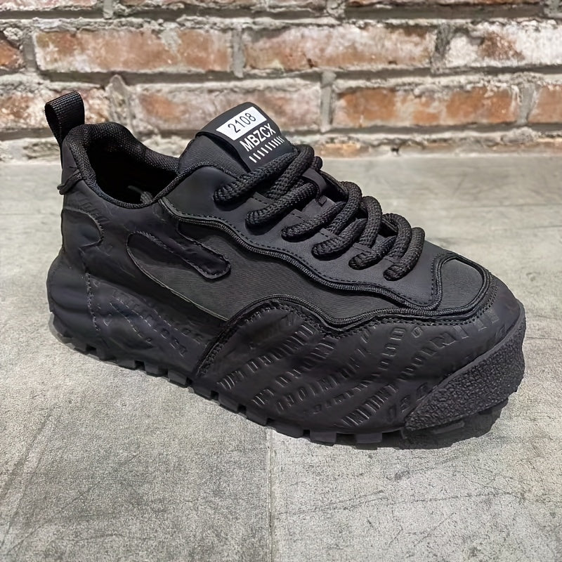 Men's Black Chunky Sole Sneakers with Textured PU Upper and Breathable Fabric Inner