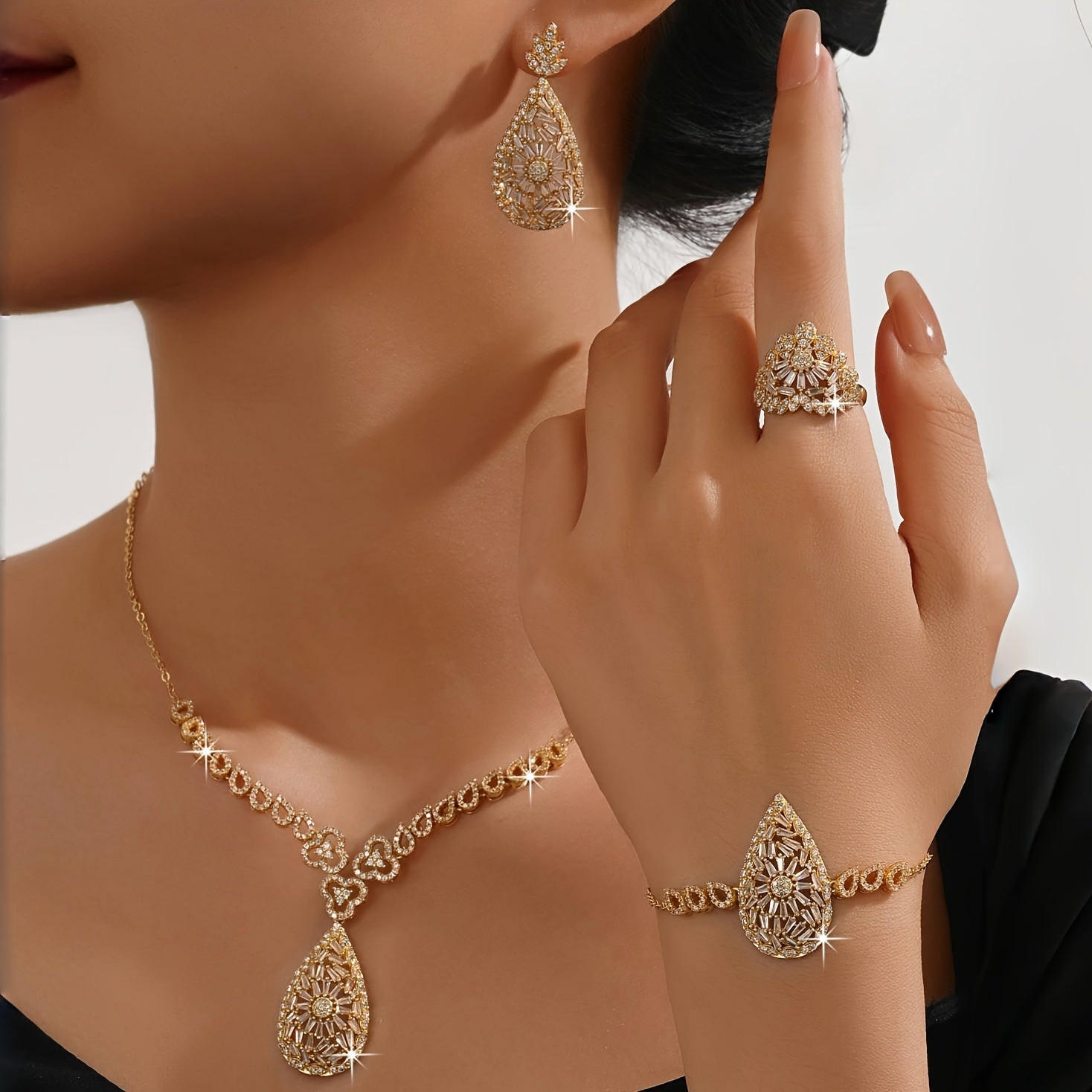 Gold-Plated Teardrop Jewelry Set for Women Necklace Earrings Bracelet Ring 5 Pieces