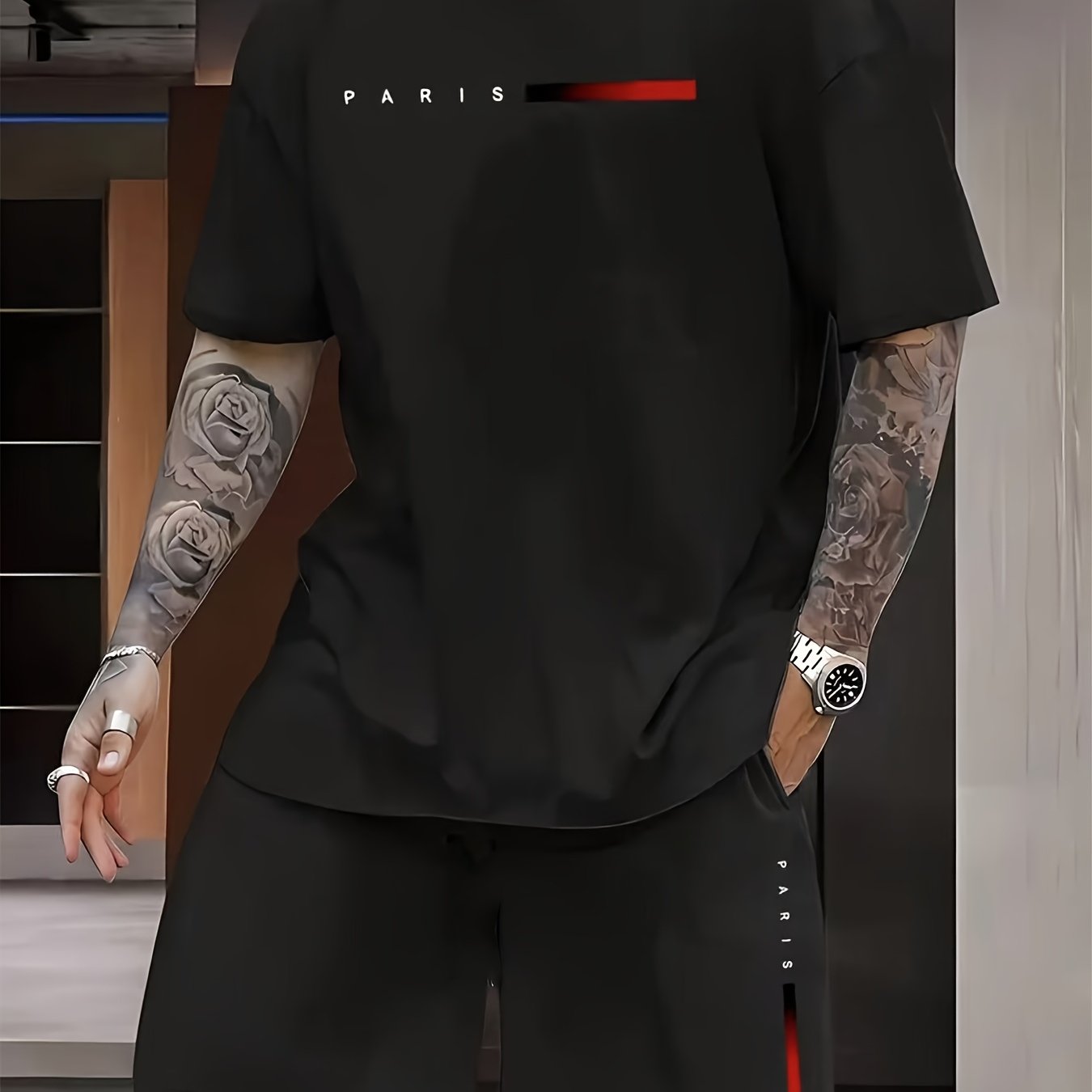 Men's Short-Sleeve Pajama Set with Geometric Pattern Polyester Spandex for All Seasons