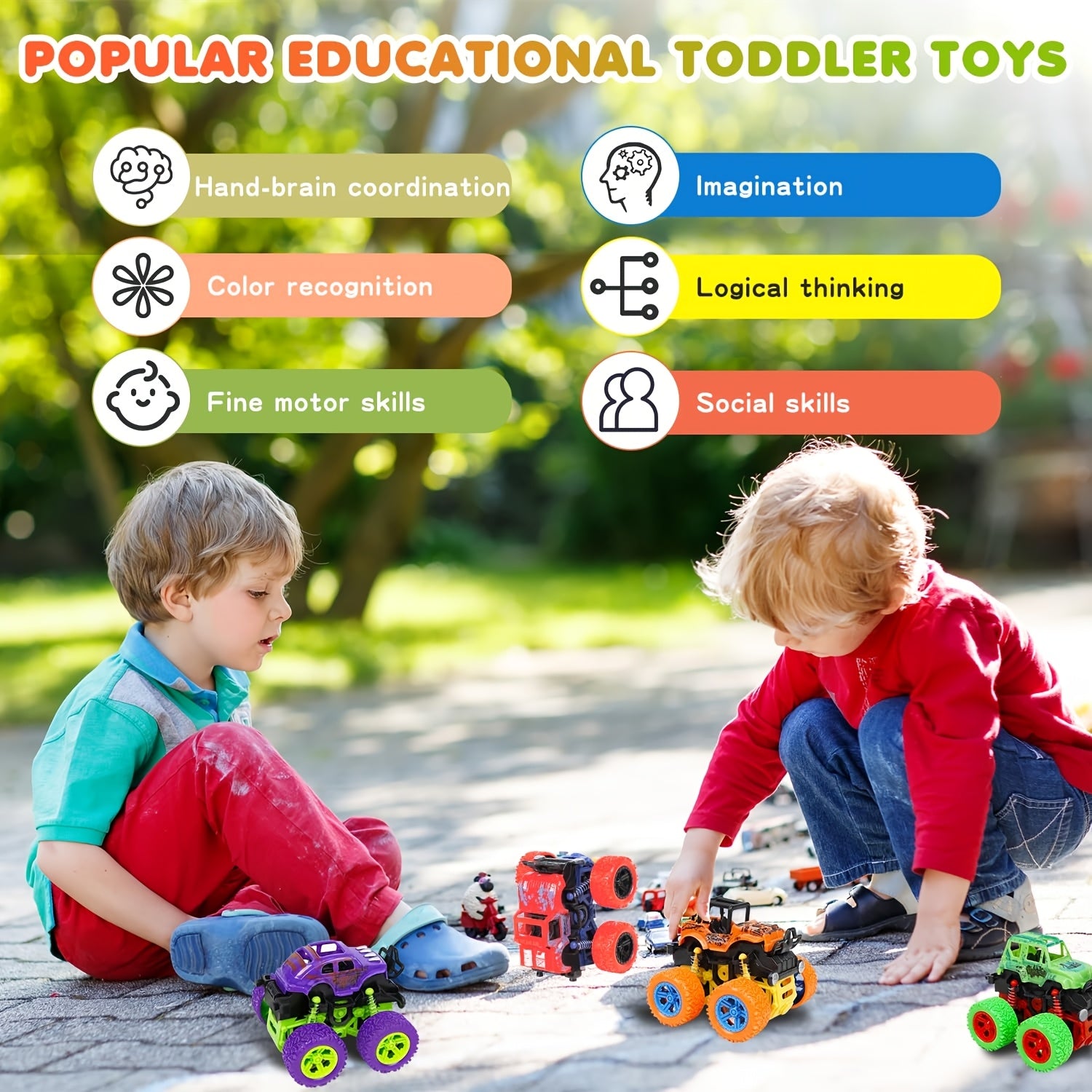 Juego de 4 camiones de monstruos de fricción para niños de 3 años en adelante, vehículos de retroceso duraderos