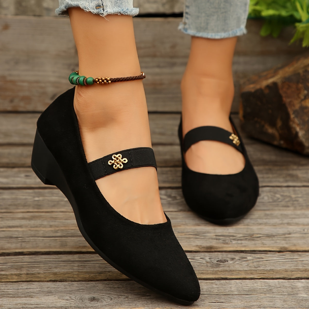 Women's Black Wedge Heels with Floral Buckle Platform Shoes