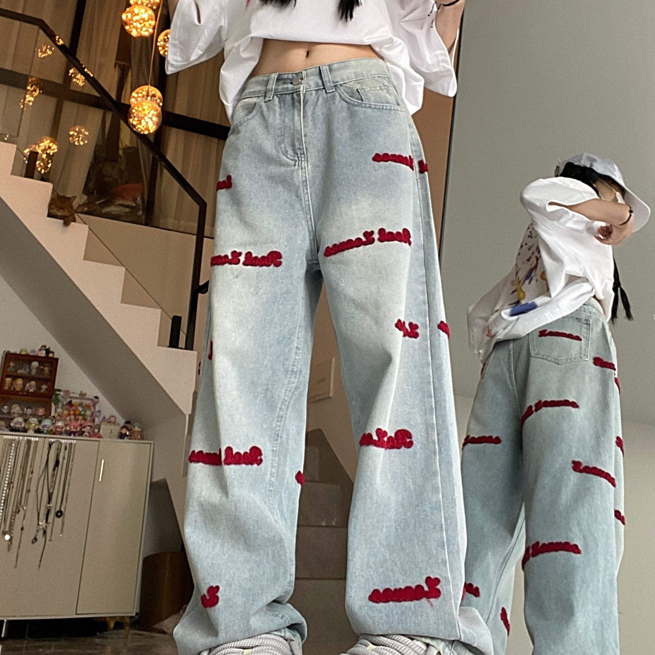 Women's Denim Jeans with Red Embroidered Lettering Regular Fit Long Stretch Fabric Casual All-Season