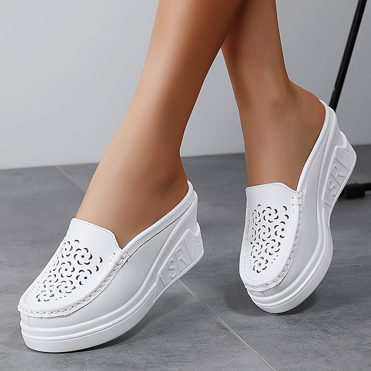 Women's Faux Leather Platform Sandals Slip-On Mules Hollow Out Casual Shoes
