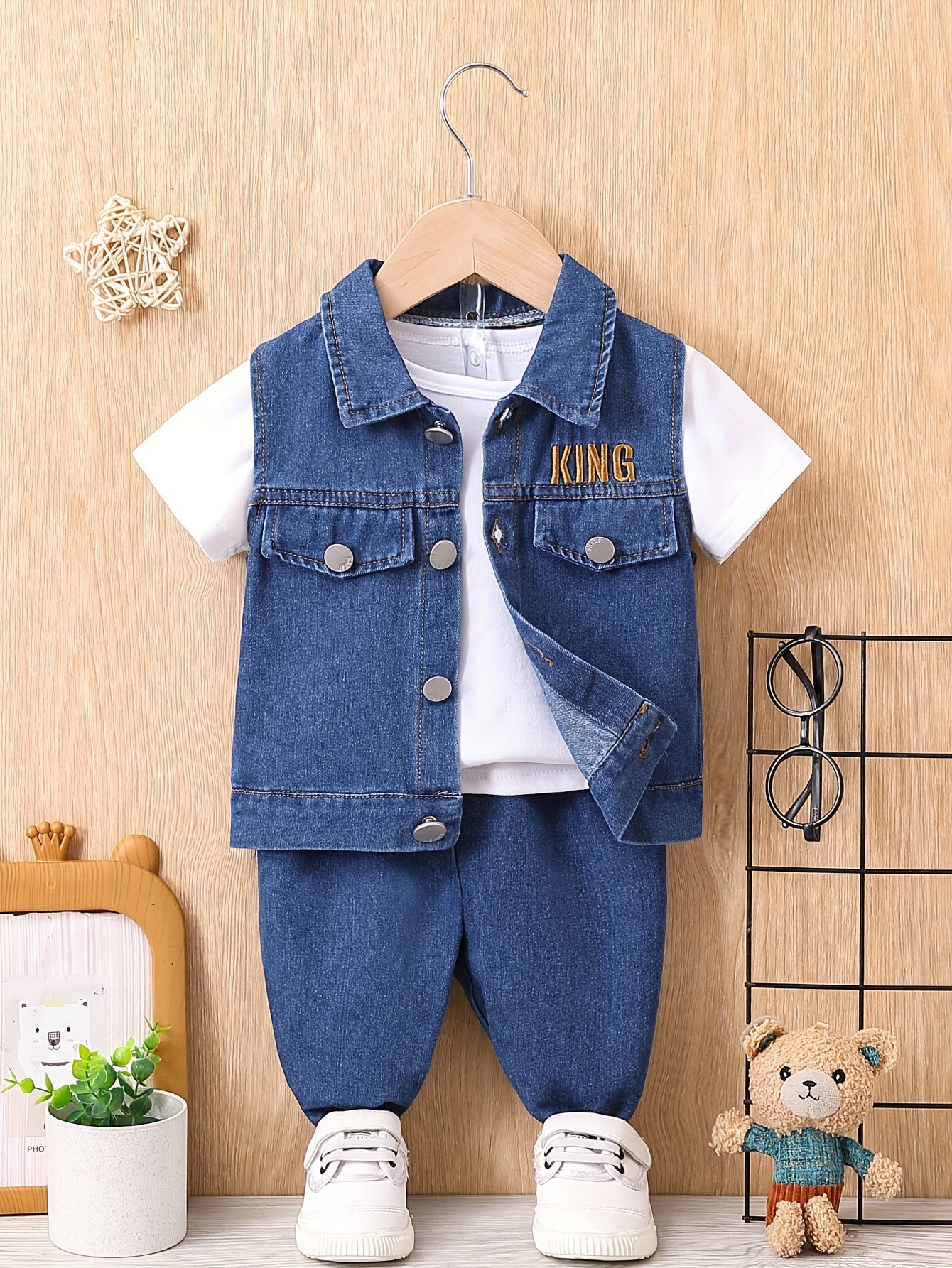 Boys' Denim Outfit with Letter Embroidery Vest T-Shirt and Pants Spring Summer
