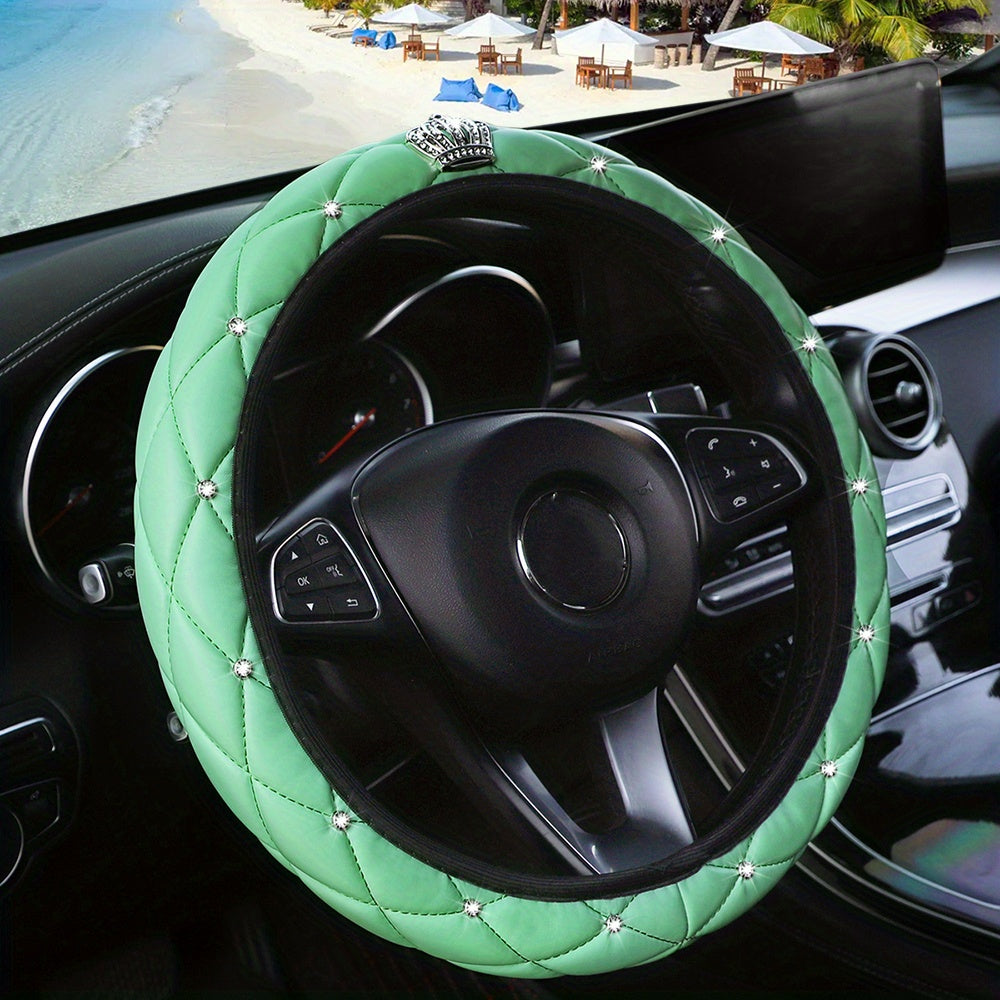 Women's Glittering Artificial Diamond PU Leather Steering Wheel Cover Soft Comfort