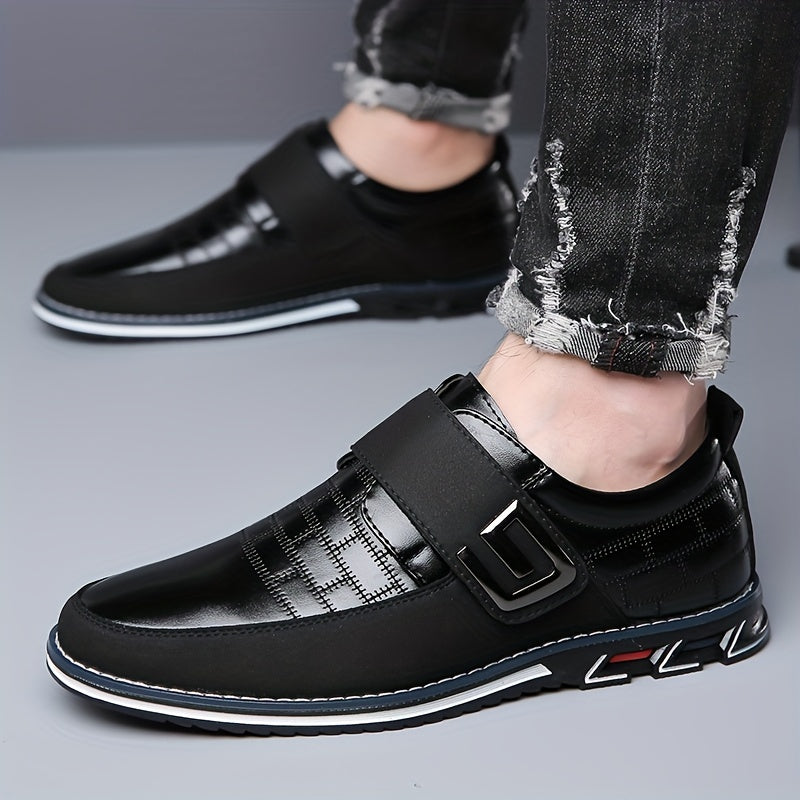 Men's Leather Loafers Casual Dress Shoes with Hook and Loop Fastener for Office and Casual Wear
