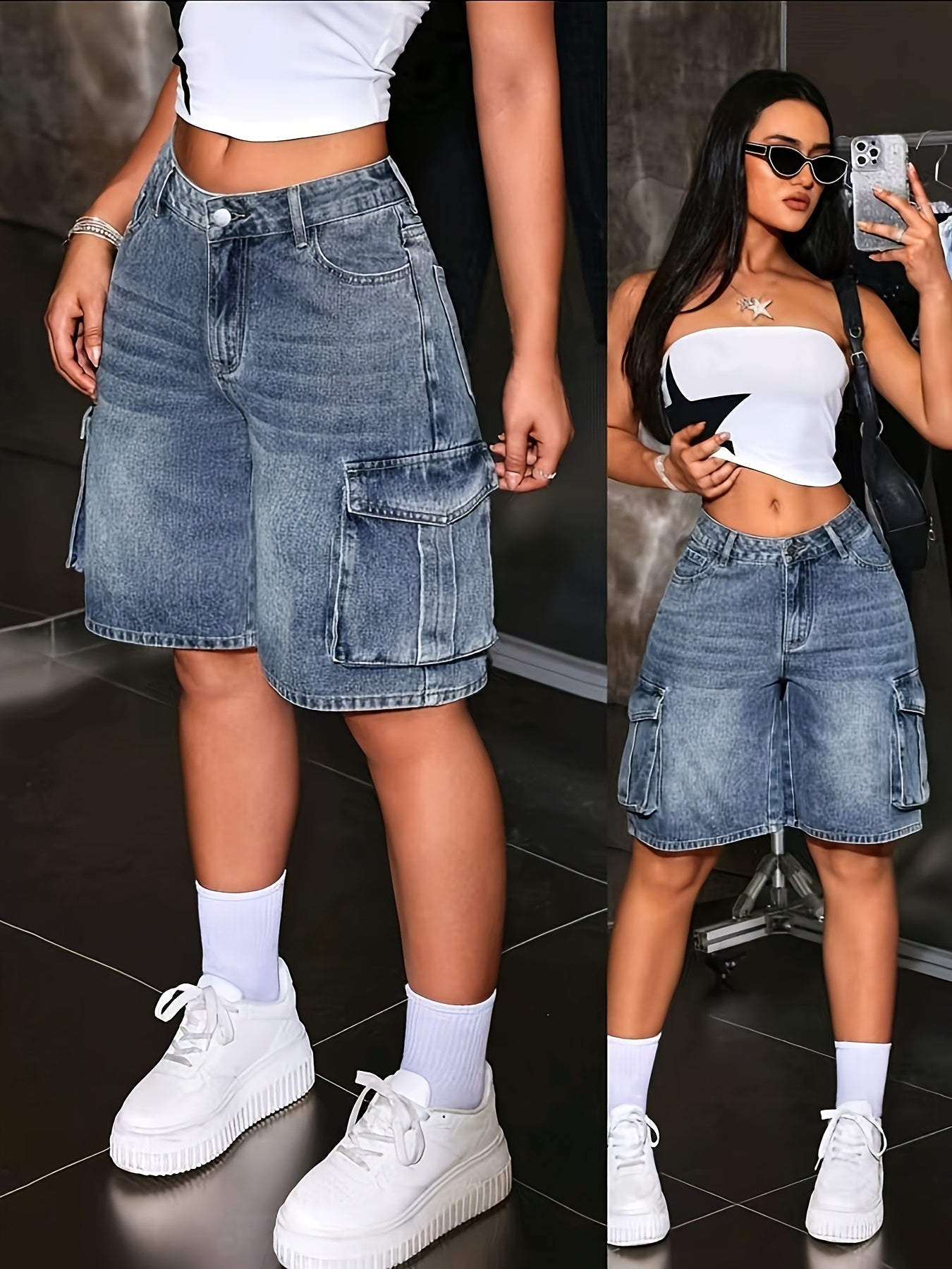 Klassik ayollar uchun Bermuda denim shortlari, bir rangda, cho'ntaklari bilan va o'rtacha cho'zilishi bilan, bahor va yoz uchun mukammal.