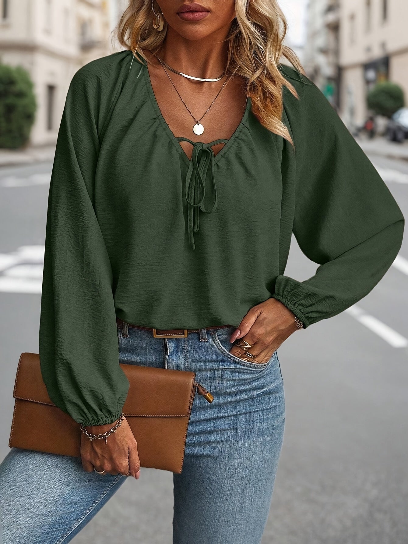 Women's Plus Size Solid Long Sleeve Shirt Polyester V Neck Lace-Up Fall Top