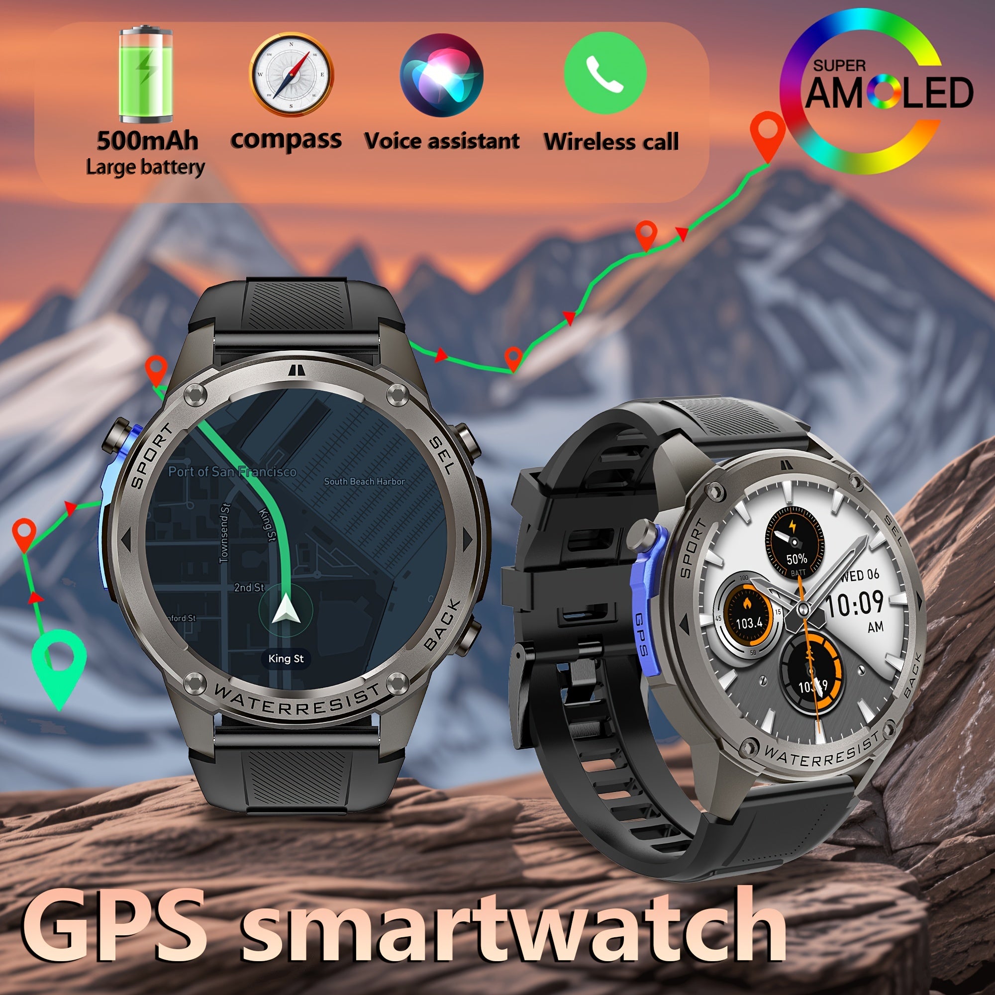 GPS Smart Watch for Outdoor Enthusiasts with Compass Altitude Swimming and Sports Modes