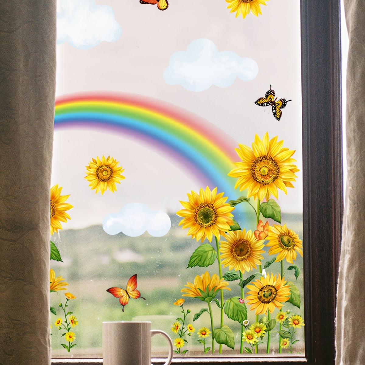 Double-Sided Sunflower and Rainbow Butterfly Window Decal Self-Adhesive PVC Sticker