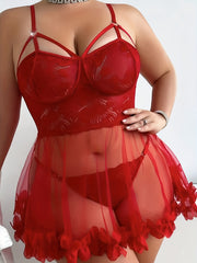 Plus Size Sexy Lingerie Dress Sheer Lace Mesh Strappy Babydoll