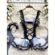 Adult Loungewear Set Mesh Jumpsuit with Lace Trim and Geometric Patterns