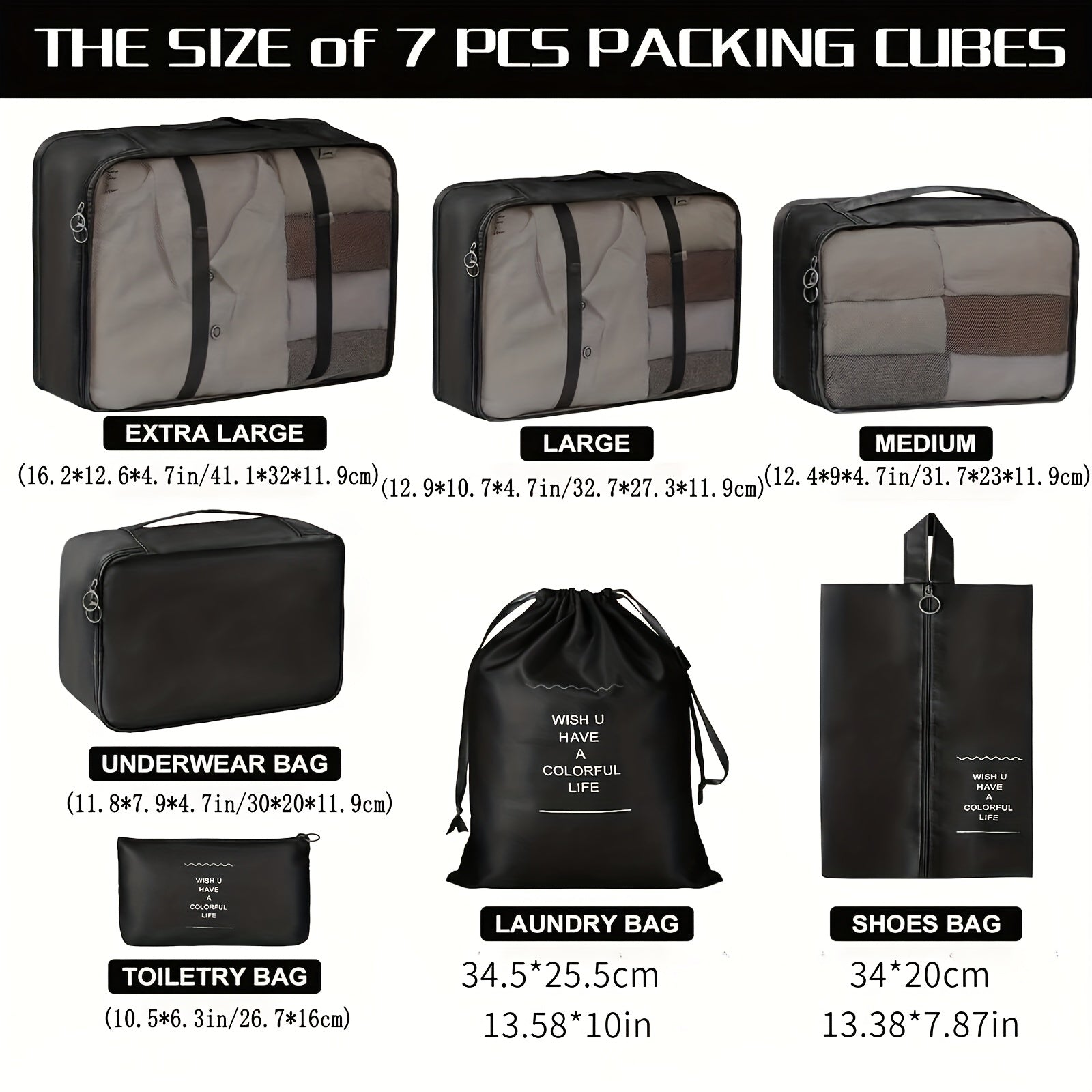 Набор из 7 сумок для хранения одежды для организации одежды, туалетных принадлежностей и аксессуаров во время поездок, путешествий или кемпинга. Включает упаковочные кубы и портативные дорожные сумки.