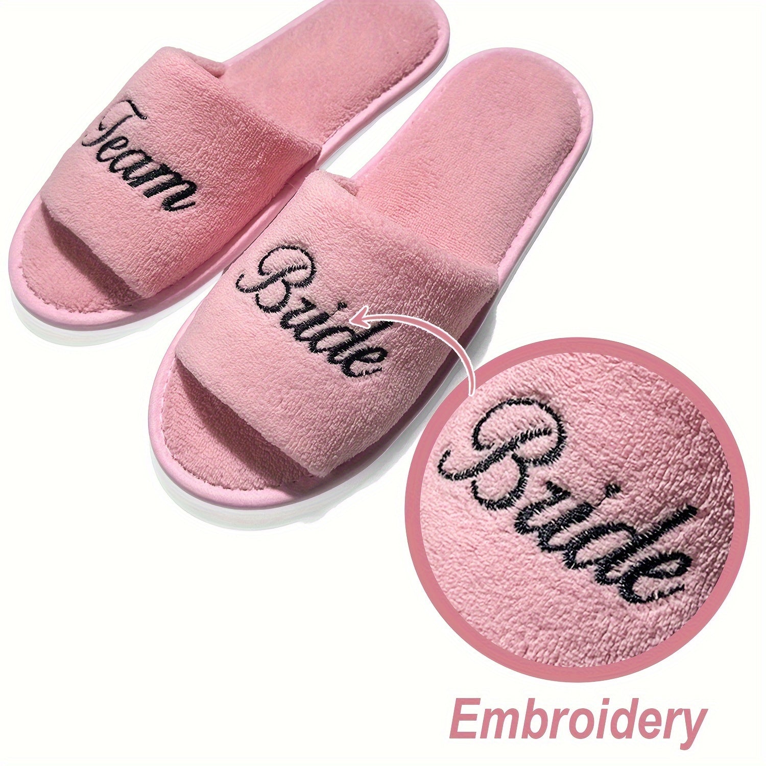 Pink Bridal Party Slippers Open Toe Plush Comfort Flat Shoes Non-Slip Soft Sole