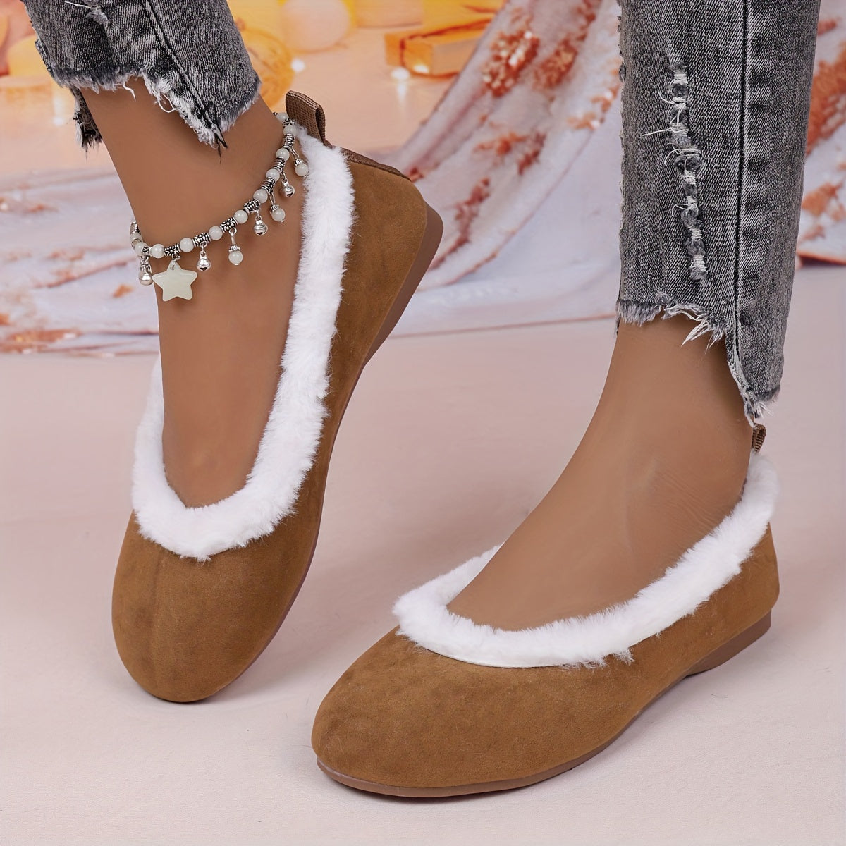 Plus-Size Women's Faux Fur Lined Mary Jane Flats Brown Beige White Winter Indoor Shoes