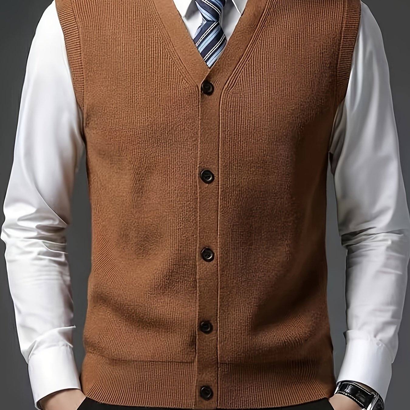 Men's Solid Color V-Neck Knitted Vest for Autumn Winter Wool Nylon Layering