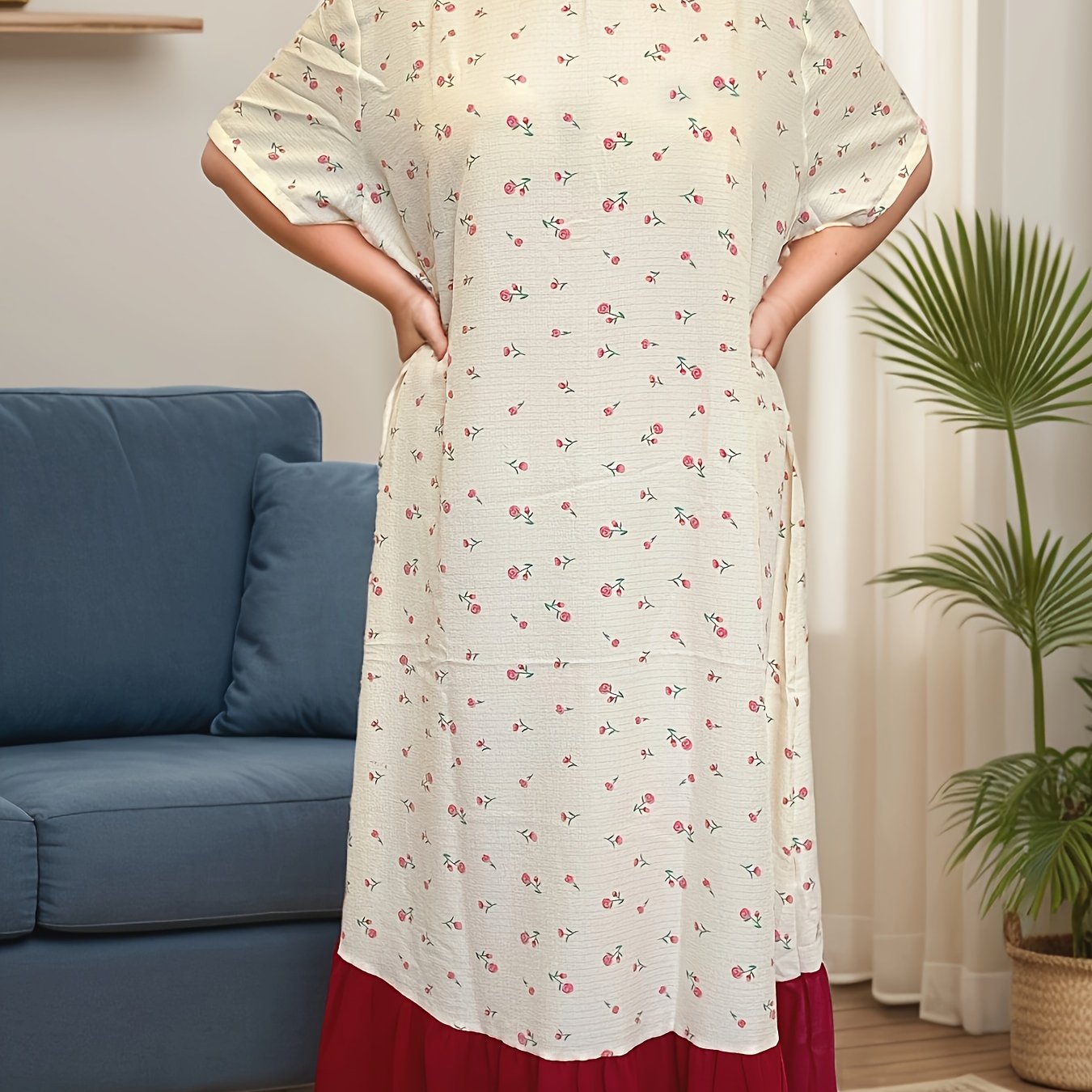 Plus Size Floral Ruffle Hem Night Dress Polyester Sleepwear with Short Sleeves