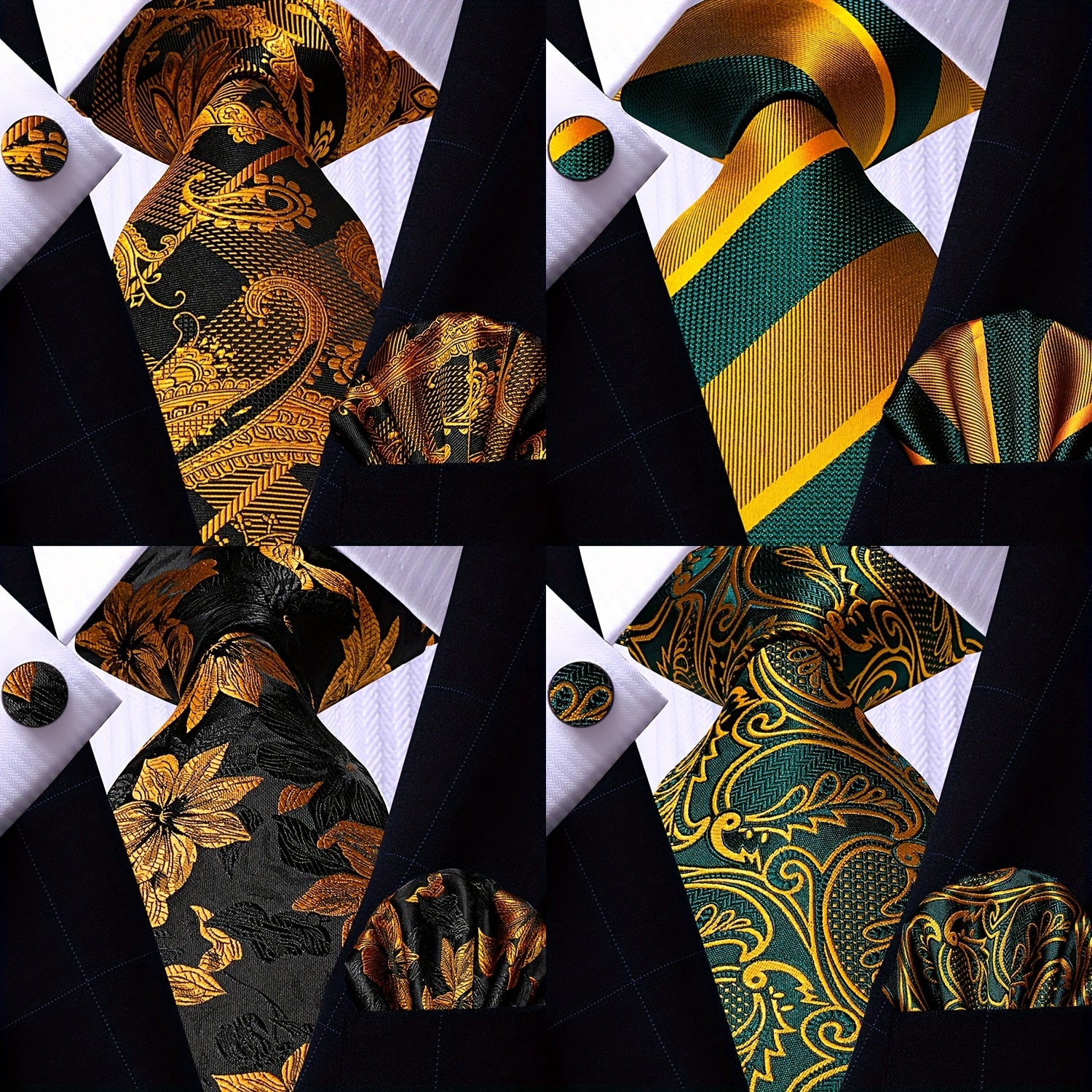 Men's Gold Accessories Set Tie Pocket Square Cufflinks for Weddings Business