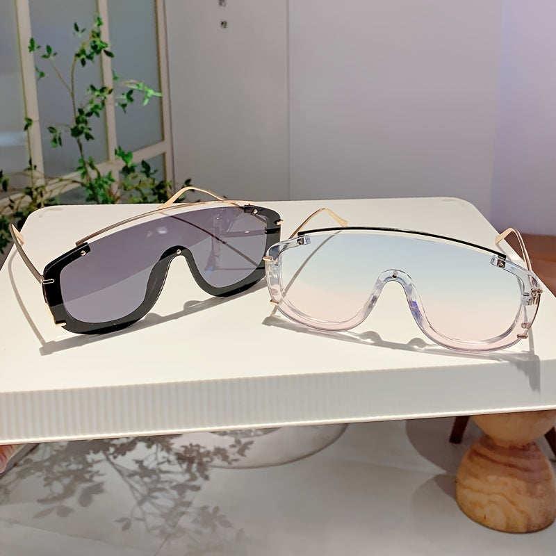 Women's Gradient Lens Semi-Rimless Shield Sunglasses with One-Piece Lens