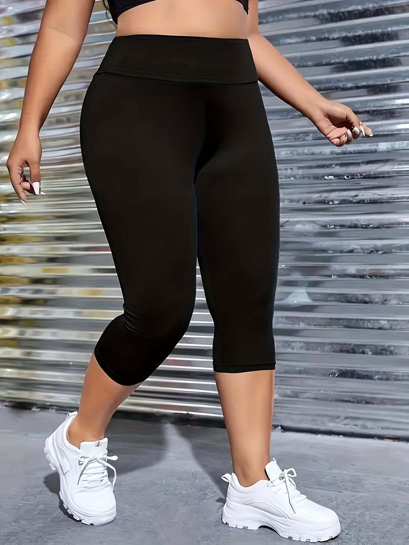 Plus Size Women’s Solid High Waist Yoga Capris Sports Leggings