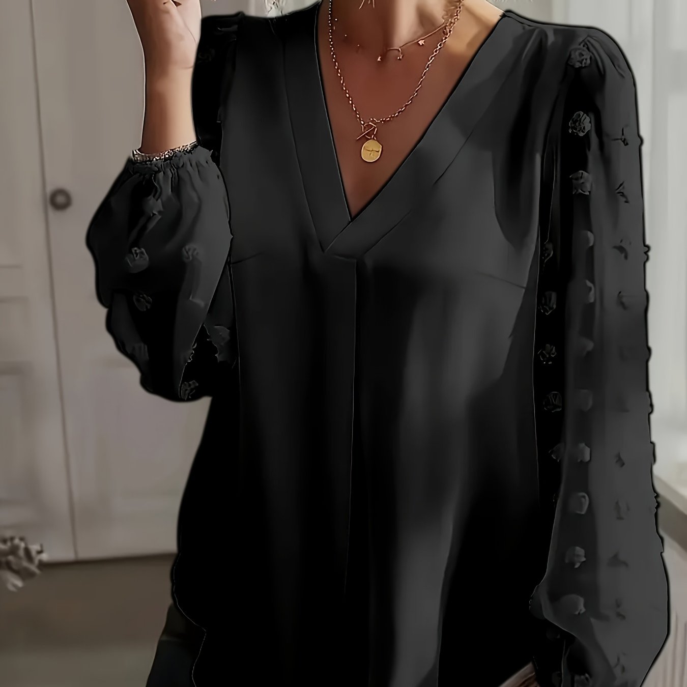 Women's V-Neck Shirt with Pom Pom Details Plus Size Long Sleeve Polyester